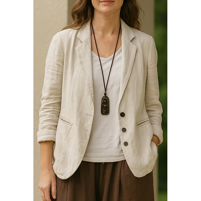 Women's Blazer Comfortable Breathable Pocket Vintage Casual Plain Office Street Casual Daily Wear Single Breasted Regular Turndown Regular Fit 3/4 Length Sleeve Outerwear Black White Khaki Summer Fall