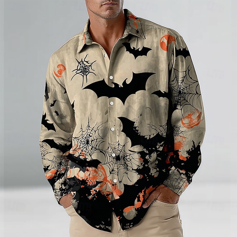 Halloween Men's Pumpkin Bat Halloween Costumes Shirt Button Up Shirt Long Sleeve Casual Outdoor Holiday Summer Spring Turndown 3D Print Collared Shirts Khaki