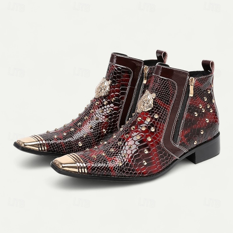 Men's Red Snake Print Genuine Leather Pointed Toe Boots – Exotic Western Cowboy Style for Parties & Festivals4