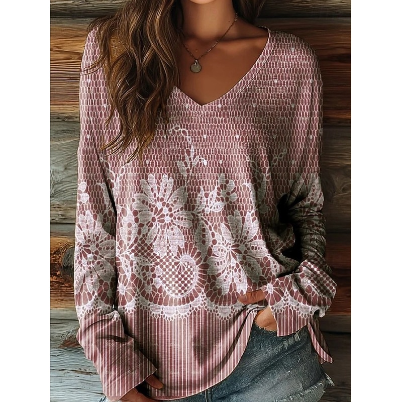 Women's T Shirt Floral Graphic Plants Vintage Stylish Casual Long Sleeve V Neck Regular Tops Daily Weekend Print Pink Blue Gray Light Blue Summer Spring Fall3