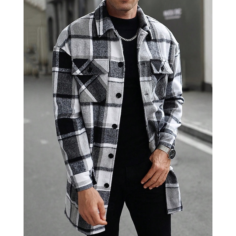 Men's Shacket Shirt Jacket Winter Jacket Plaid Vacation Daily Wear Black Wine Orange Khaki Long Sleeve Lapel Fall Winter Clothing Apparel Pocket