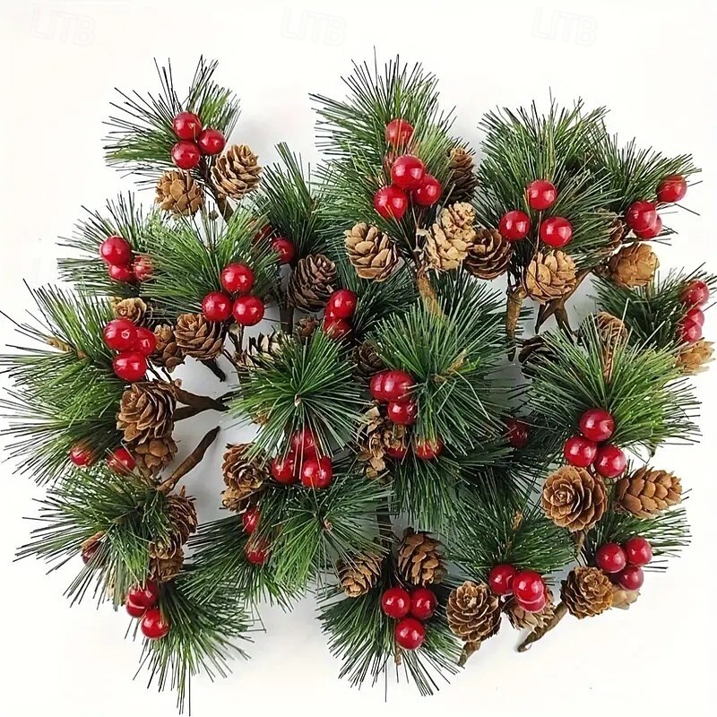 24PCS Artificial Christmas Tree Picks – Faux Pine Needles, Berry Stems, and Pinecones for DIY Wreaths, Crafts, and Holiday Tree Decorations2