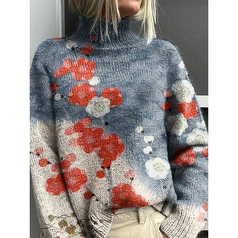 Women's Pullover Vacation Daily Floral Animal Ribbed Turtleneck Print Long Sleeve Regular Tops Knit Outdoor Daily Holiday Wine Red Fall Winter