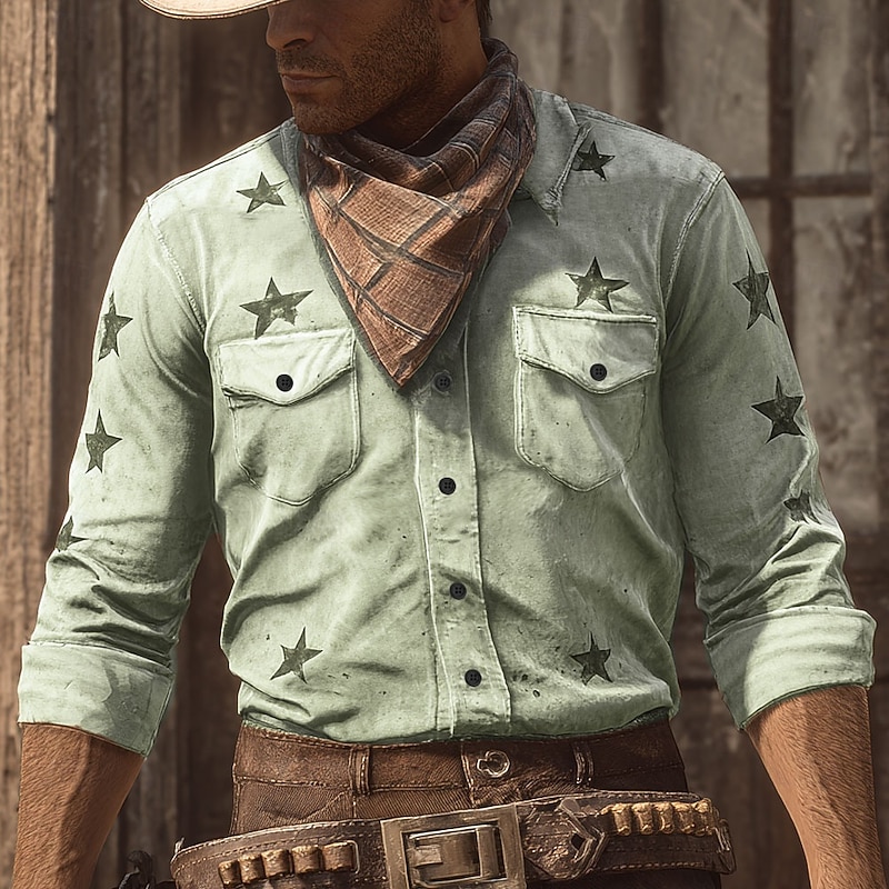 Men's Geometric Stars Shirt Western Shirt Cowboy Shirt Long Sleeve Vintage Retro Outdoor Casual WorkWear Spring Fall Turndown Front Two Pockets Linen Like Shirt Button Up Shirts Blue Green Khaki2