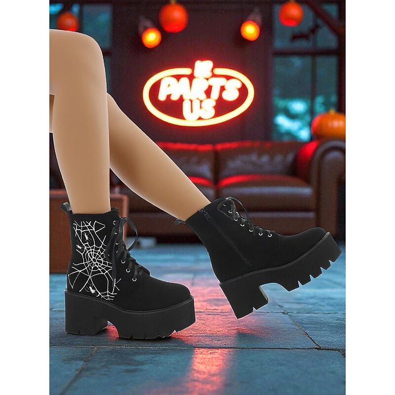 Women's Black Platform Combat Boots with Spider Web Embroidery - Gothic Lace-Up Chunky Heel Ankle Boots for Halloween Party, Cosplay and Night Out4