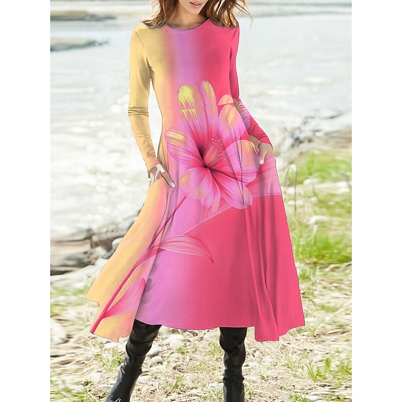 Women's Maxi Dress A Line Dress Fit And Flare Dress Vacation Casual Boho Party Daily Going out Regular Fit Ombre Floral Graphic Long Sleeve Crew Neck Red Blue Purple Summer Spring Fall Winter2