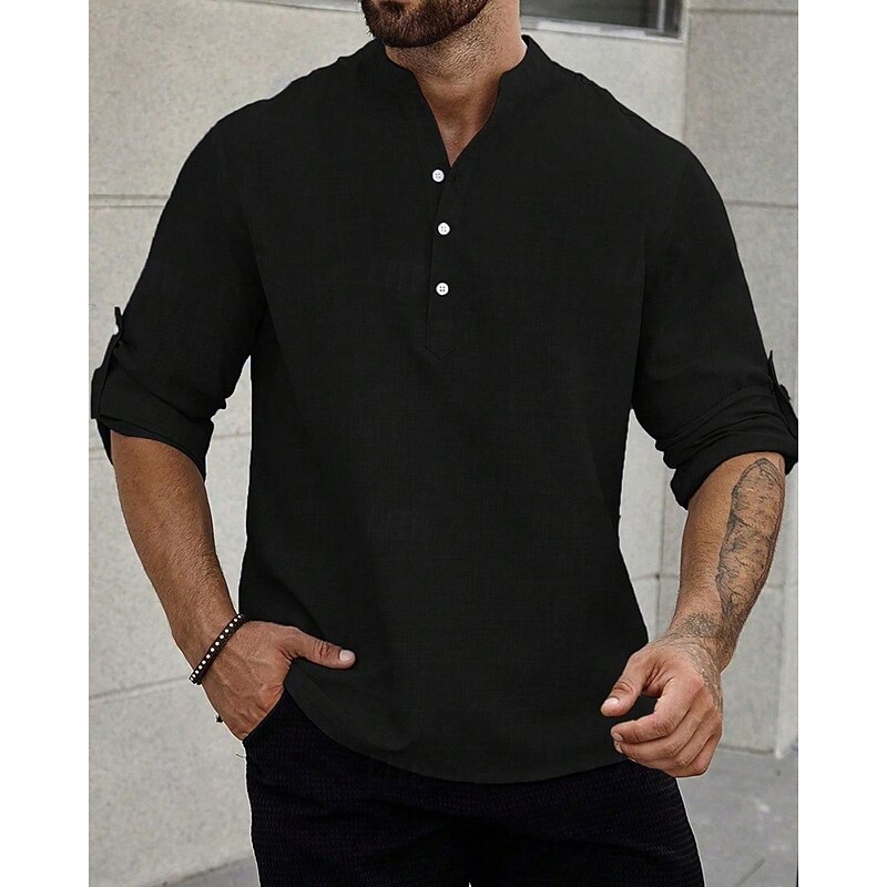 Men's Shirt Popover Shirt Summer Shirt Casual Shirt Beach Shirt Black White Light Green Pink Light Blue Long Sleeve Plain Band Collar Vacation Hawaiian Clothing Apparel Polyester Fashion Casual3