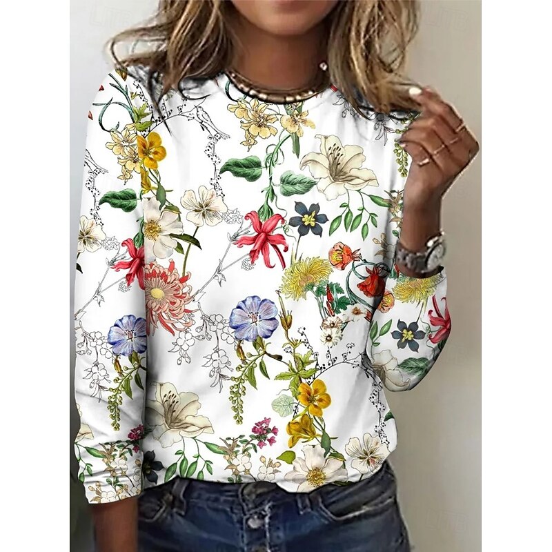 Women's T shirt Crew Neck Long Sleeve Tunic Floral Graphic Cat Vintage Stylish Classic  Round Neck Regular Tops Daily Weekend Print White Yellow Pink Blue Khaki Spring Fall4