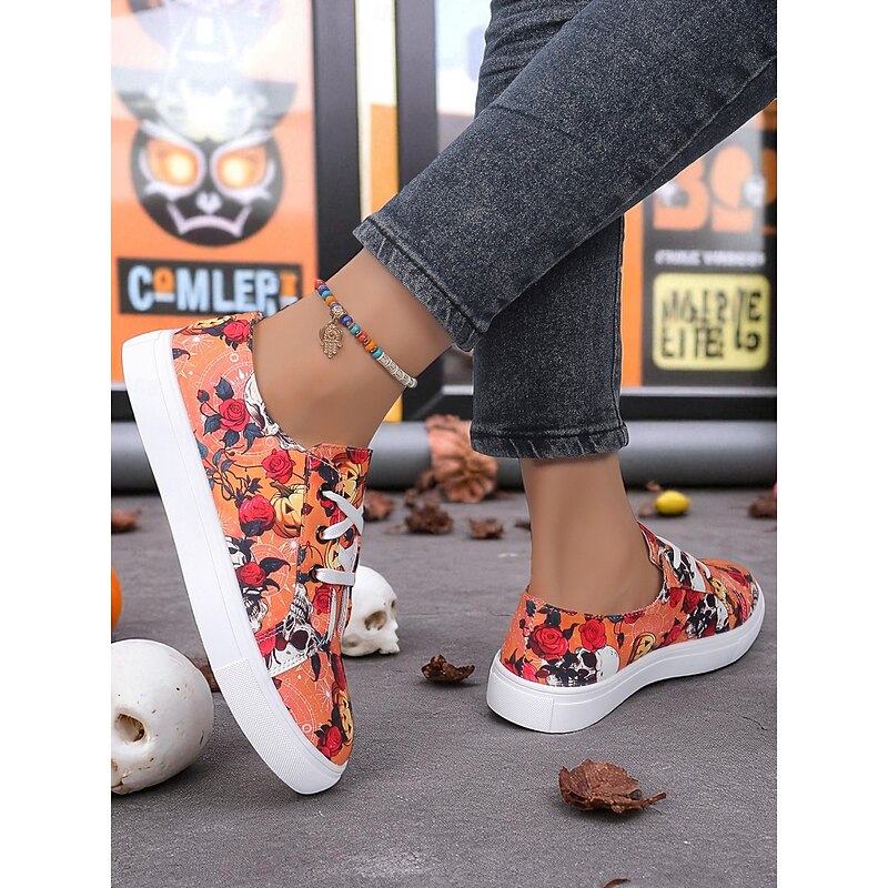 Women's Orange Halloween Skull & Pumpkin Rose Print Canvas Sneakers - Lace-Up Casual Shoes for Fall Streetwear & Costume Parties4