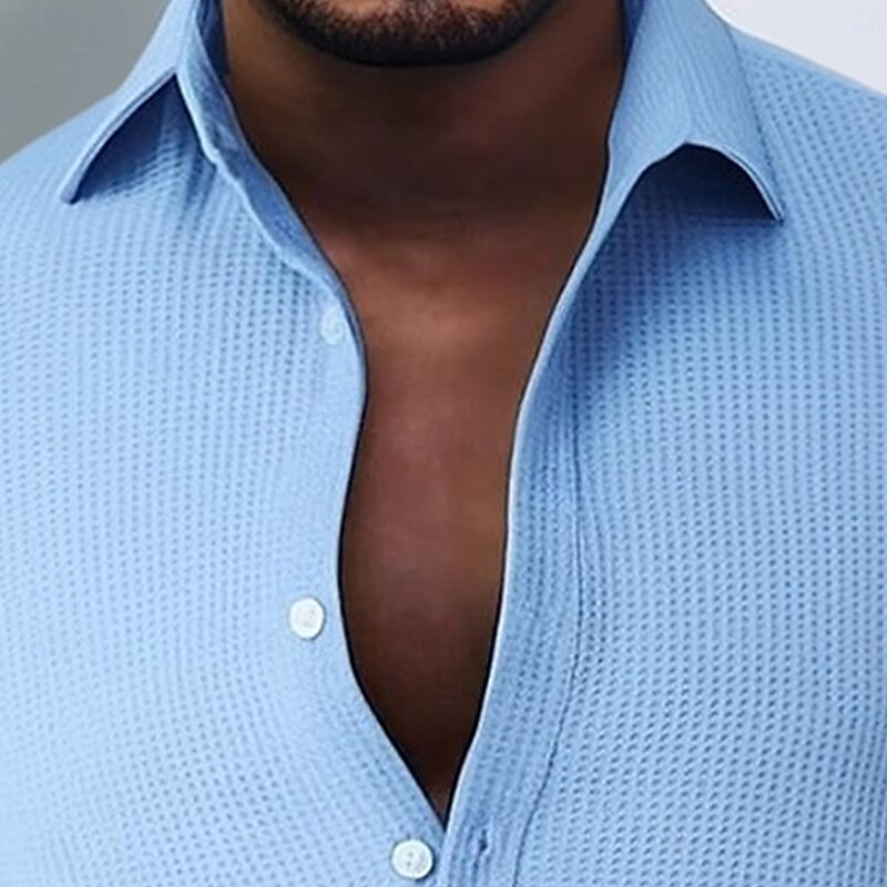 Men's Shirt Waffle Shirt Summer Shirt Casual Shirt Button Up Shirt White Pink Green khaki Dark Gray Long Sleeve Plain Lapel Vacation Casual Clothing Apparel Fashion Casual Comfortable2