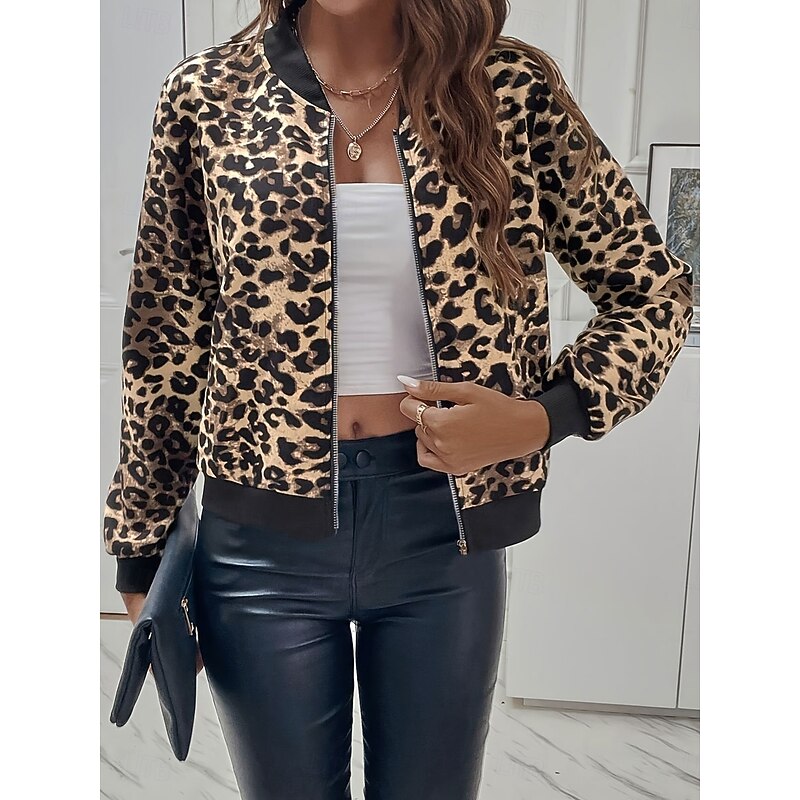 Women's Casual Jacket Warm Comfortable Zipper Pocket Elegant Fashion Daily Simple Leopard Vacation Casual Daily Holiday Regular Baseball Collar Regular Fit Long Sleeve Outerwear White Khaki Spring