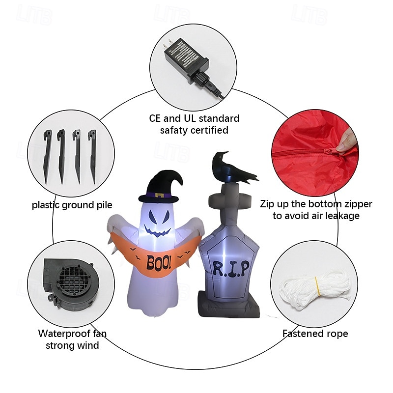 1 Pc1.5m/5FT Halloween wearing wizard hat ghost and tombstone crow LED with light inflatable air model indoor and outdoor horror courtyard luminous ornament US/EU/UK/AU Plug4