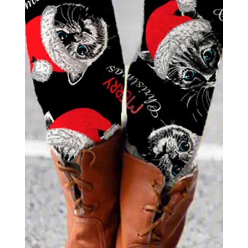 Women's Pants Trousers Leggings Cozy Leggings Streetwear Casual Full Length High WaistPantsChristmas Cat Elastic Waist Print Breathability Comfortable Stretchy Vacation Street Daily Wear Black Summer3