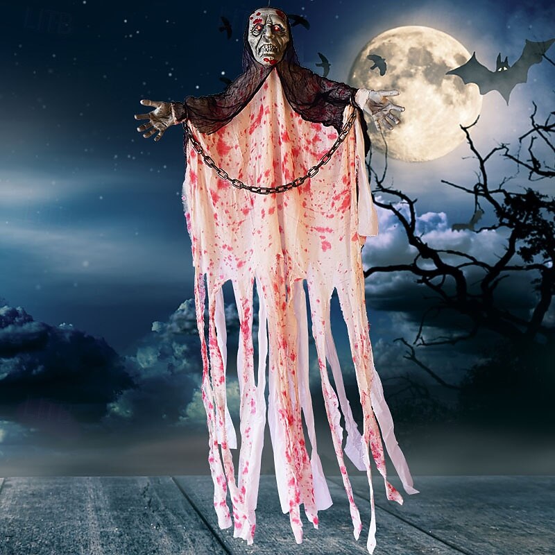Halloween Bloody Clothes & Iron Chain Hanging Ghost Decoration With Sound & Light Effect Prop For Haunted House, Escape Room, Horror Themed Party Decor, Outdoor & Indoor2