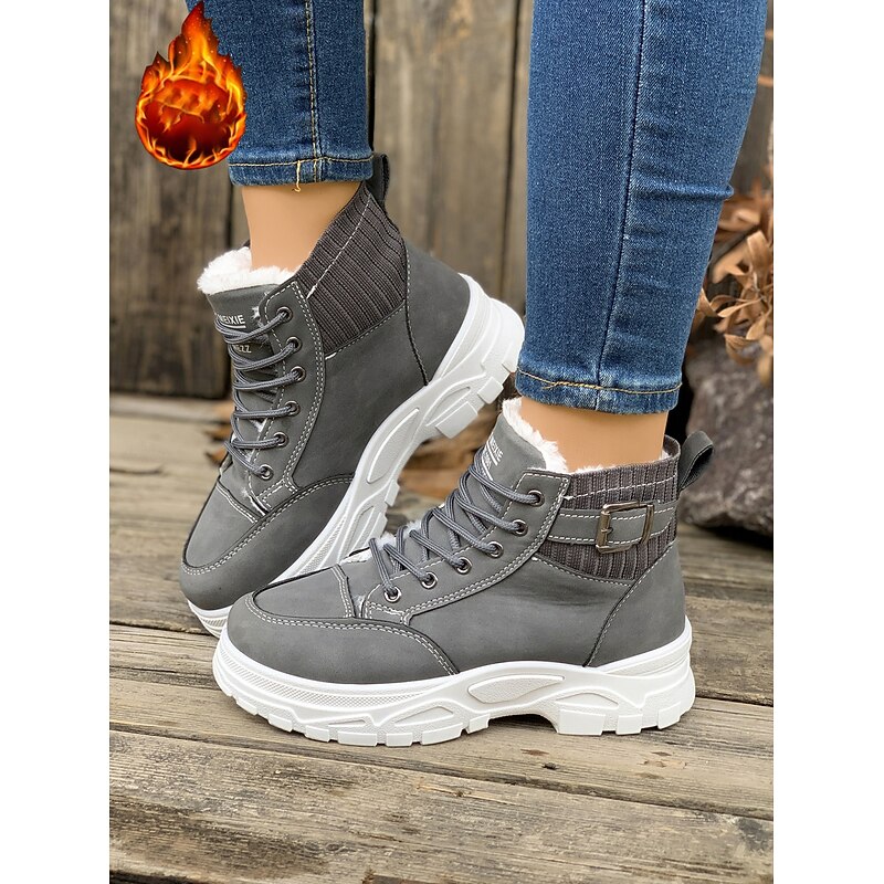 Women's Brown Fur Lined Winter Sneaker Boots – Chunky Sole Lace-Up Ankle Boots with Knit Collar for Cold Weather, Outdoor & Casual Wear3