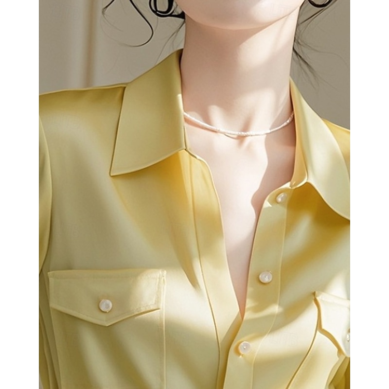Women's Shirt Blouse Plain Active Stylish Long Sleeve Shirt Collar Regular Tops Work Formal Wear Pocket Buttons Yellow Fall2