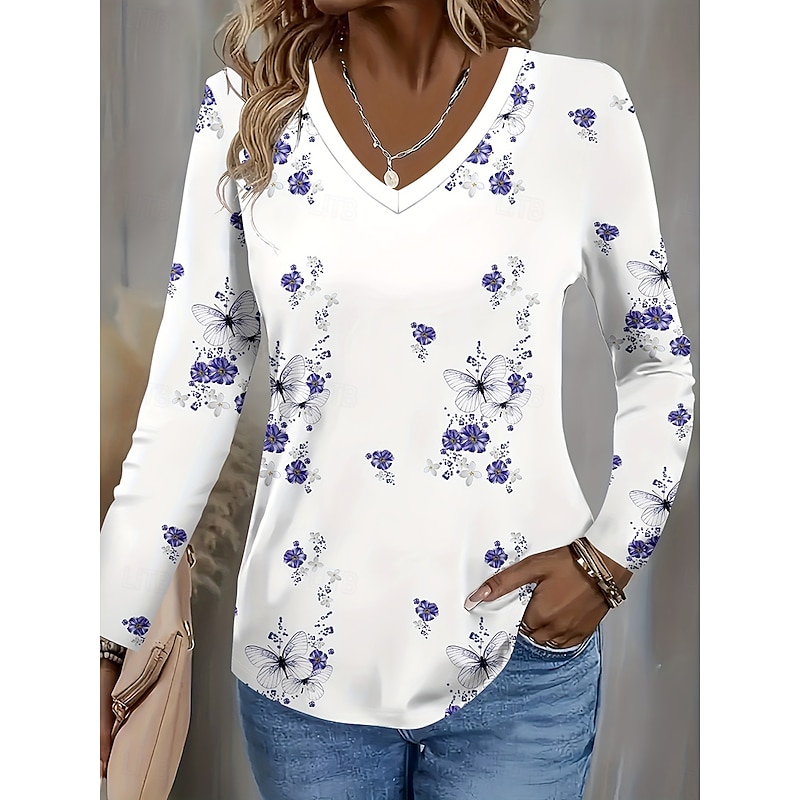 Easter Women's T Shirt Floral Graphic Plants Vintage Stylish Classic Long Sleeve V Neck Regular Tops Daily Print Purple Spring Fall Winter