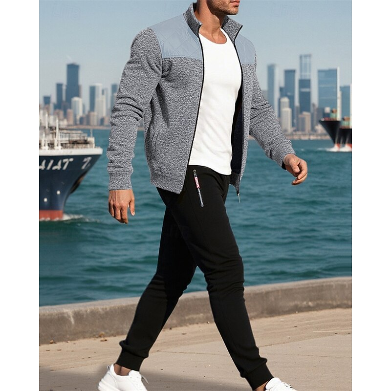 Men's Casual Jacket Set Vacation Daily Breathability Pocket 2 Piece Spring Fall Color Block Fashion Classic Stand Collar Regular Black Wine Navy Blue Light Grey Dark Gray Jacket