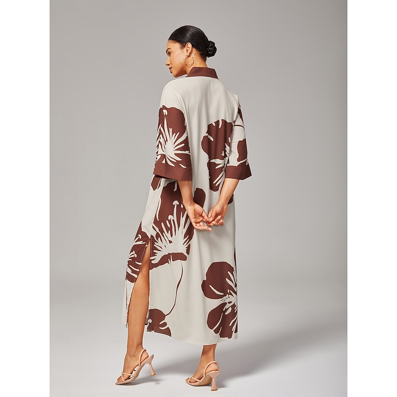 Women Female Casual Dress Brown Short Sleeves 3/4 Sleeve Floral Summer Spring All Seasons V Neck Modern XS S M2