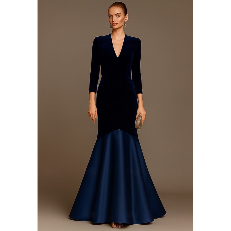 Blue Velvet A-Line Mermaid / Trumpet Evening Gown Elegant Dress Formal Wedding Floor Length Long Sleeve V Neck with Pleats 2025