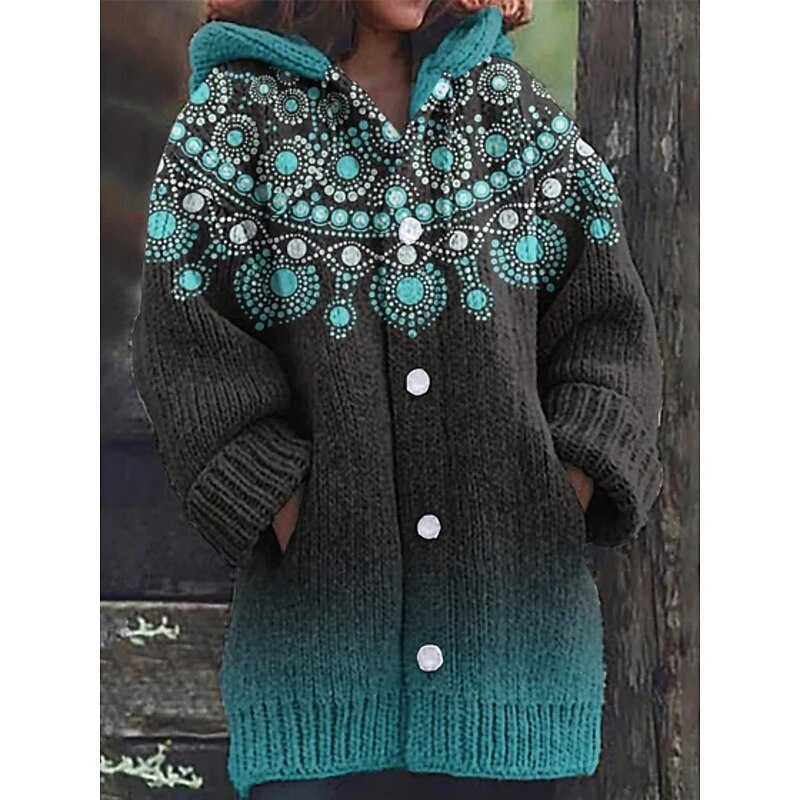 Women's Cardigan Vacation Vintage Daily Graphic Color Block Ribbed Hooded Knitted Print Front Pocket Long Sleeve Regular Tops Knit Outdoor Daily Holiday Blue Purple Fall Winter4