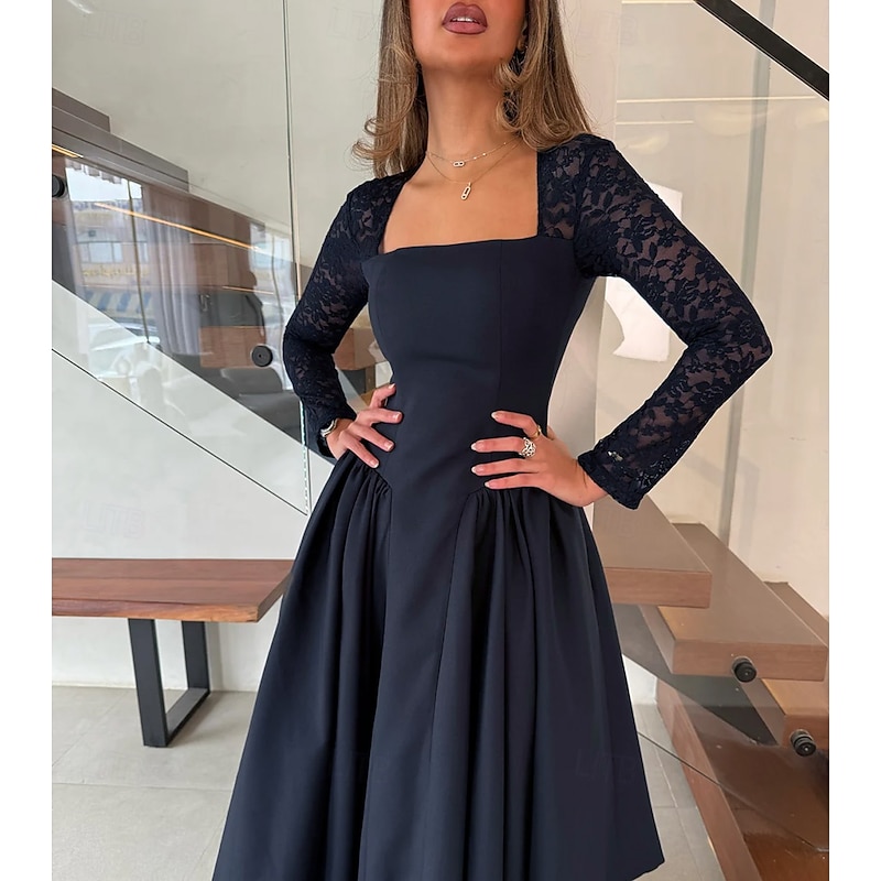 Black A-Line Cocktail Dresses Stretch Crepe Long Sleeve Formal Dress  Elegant Dress Wedding Tea Length Midi Length Square Neck Stretch Lace with Ruched Pocket 20254