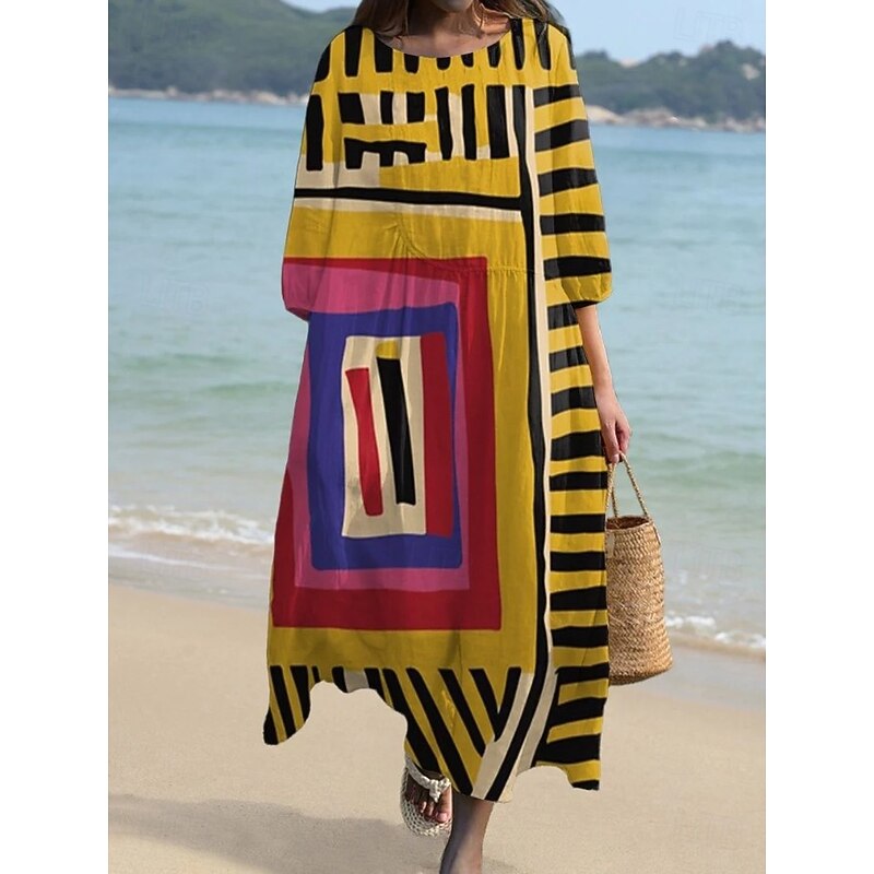 Women's Maxi Dress Kaftan 3/4 Length Sleeve Crew Neck Casual A Line Dress Dress Boho Graphic Geometric Yellow Red Light Brown Brown4