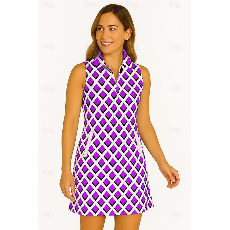 Women's Geometric Tennis Dress Golf Dress Sleeveless Dress Sleeveless Zipper UV Protection Elastic Breathable Tennis Golf Badminton Polo Collar Dress Blue Purple Tennis Clothing3