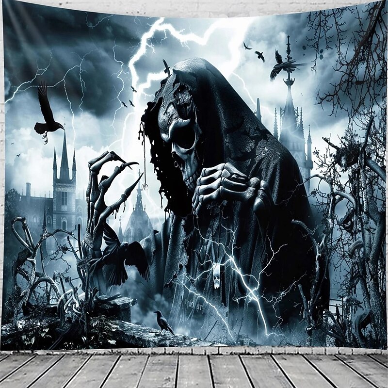 Halloween Grim Reaper Gothic Wall Tapestry – Dark Haunted Castle Lightning Storm Skull Wall Art Backdrop Large Hanging Mural Blanket Curtain for Bedroom Living Room Home Decoration3