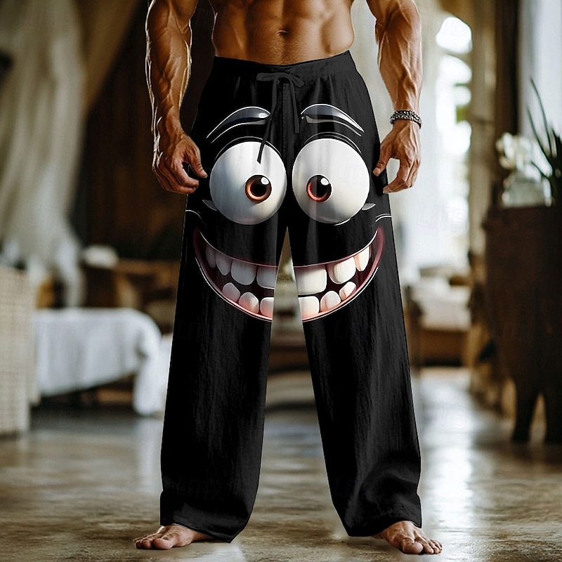 Men's 3D Cartoon Smile Face Trousers Pants Trousers Baggy Pants Mid Waist Funny Outdoor Vacation Home Elastic Drawstring Waist Linen-Like Pants with Pockets Spring Fall 3D Print Black 1 Black 3 Black2