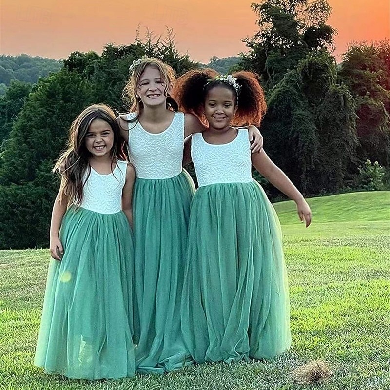 Flower Girl Dress Girls' Party Dress Performance Wedding Party Princess Sweet Mesh Solid Color Sleeveless Crew Neck White Pink 2-12 Years