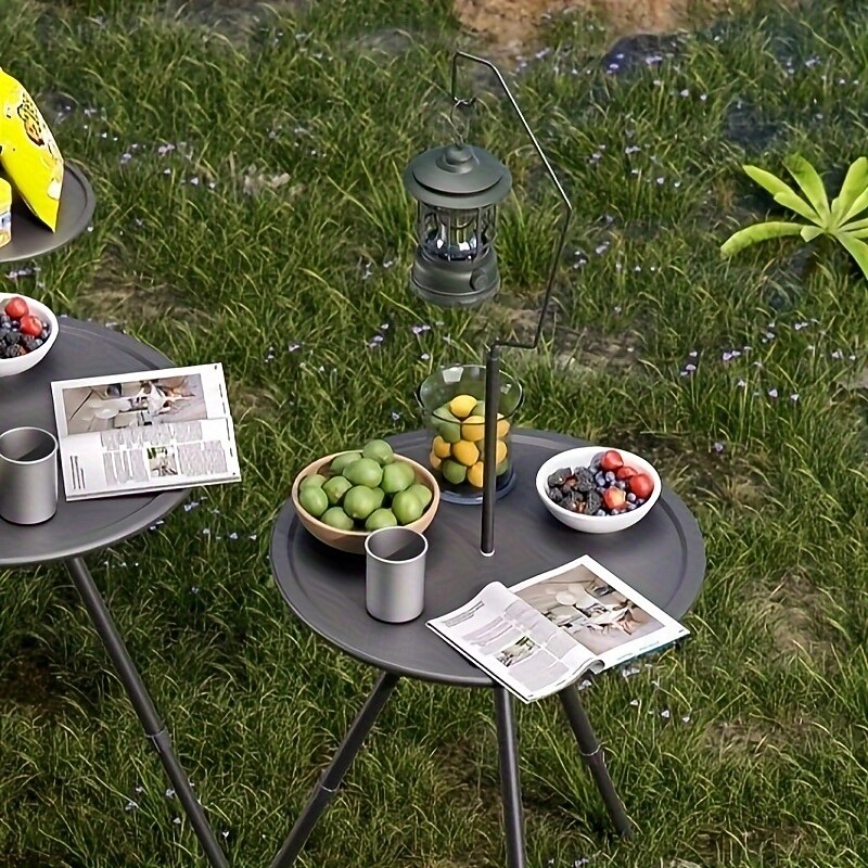 Portable Black Outdoor Table with Lamp Stand - Foldable, Iron Construction, Casual Style, Includes Storage Bag, Small Outdoor Table3