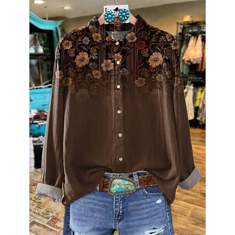 Women's Shirt Graphic Animal Elegant Bohemia Daily Long Sleeve Shirt Collar Regular Tops Work Daily Buttons Print Red Orange Brown Green Beige Spring Fall Winter2