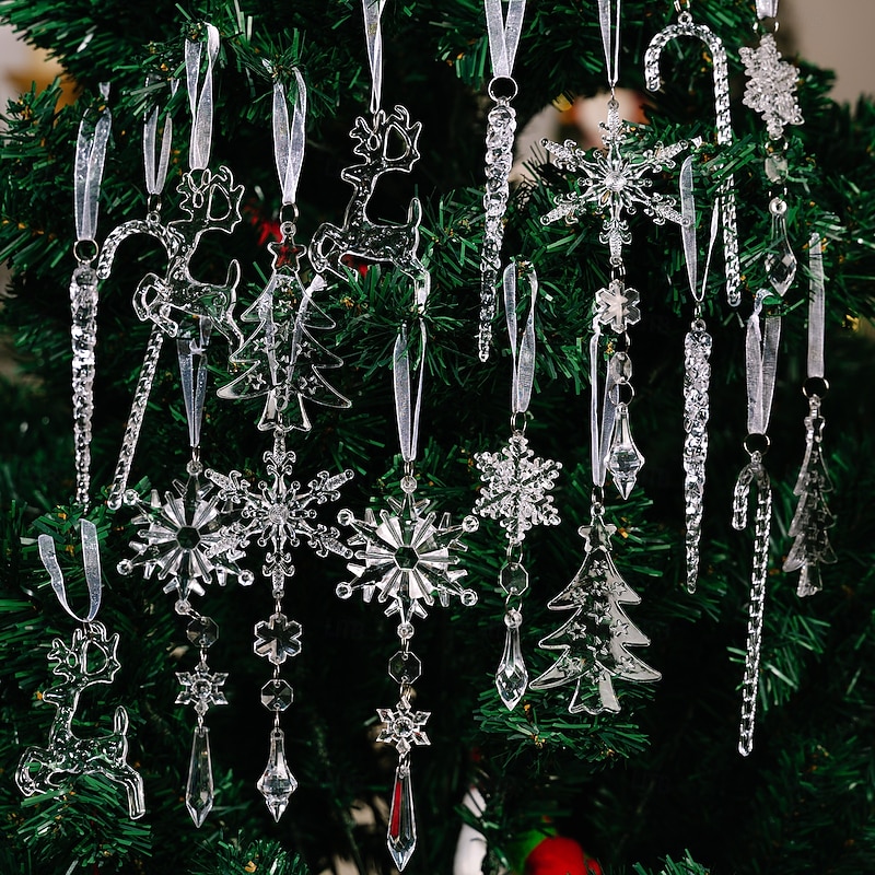 18pcs Christmas Tree Decoration Crystal Ornaments - Hanging Acrylic Christmas Snowflake Icicle Drop Crystal Ornaments for Xmas Tree Winter New Year Party Supplies