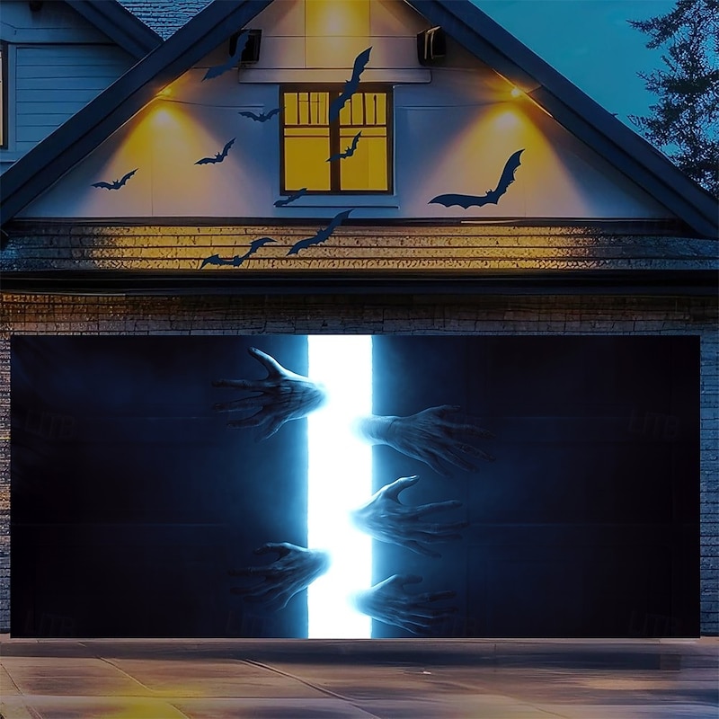 Halloween Outdoor Garage Door Cover Creepy Hands Breaking Through the Garage Door Banner Large Tapestry Backdrop Decoration for Holiday 2025 Halloween Zombie Containment Unit Garage Door Decorations