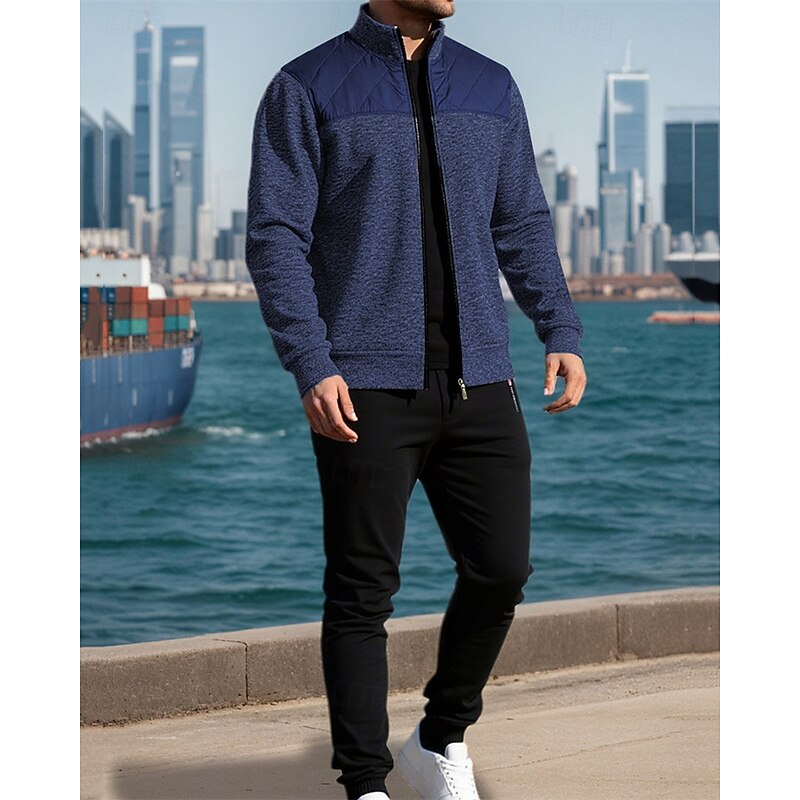 Men's Casual Jacket Set Vacation Daily Breathability Pocket 2 Piece Spring Fall Color Block Fashion Classic Stand Collar Regular Black Wine Navy Blue Light Grey Dark Gray Jacket3