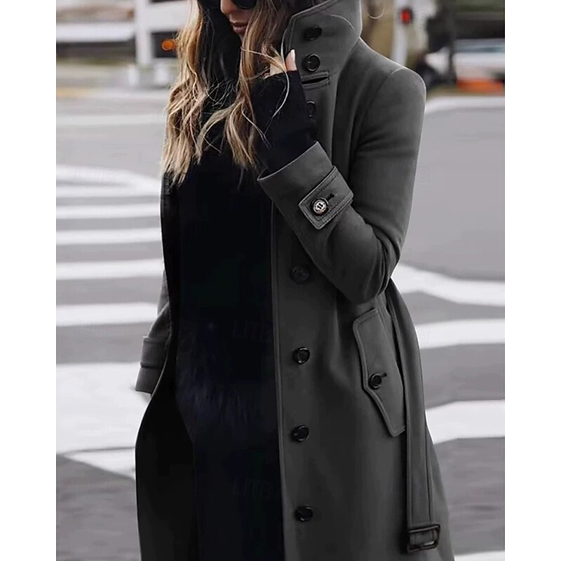 Women's Casual Jacket Trench Coat Warm Comfortable Pocket Buttons Fashion Outdoor Plain Going out Weekend Single Breasted Regular Stand Collar Regular Fit Long Sleeve Outerwear Black Red Khaki Fall