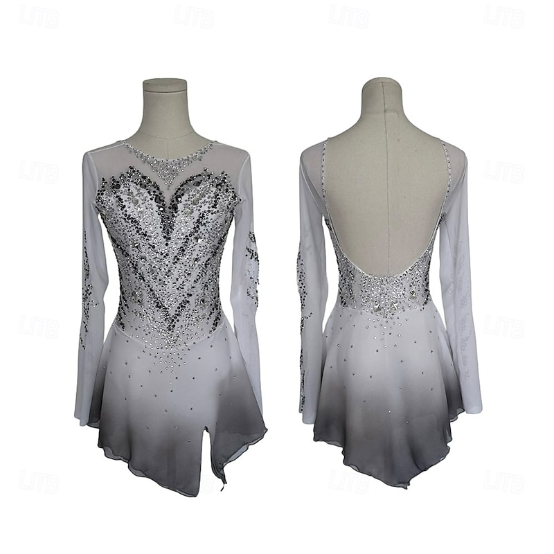 Figure Skating Dress Women's Girls' Ice Skating Dress Gray+White Patchwork Asymmetric Hem Spandex High Elasticity Training Competition Skating Wear Classic Crystal / Rhinestone Long Sleeve Ice
