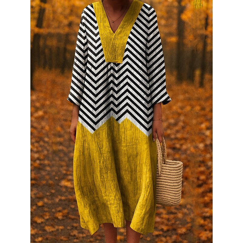 Women's Midi Dress V Neck Long Sleeve Kaftan Lightweight Loose Fit A Line Dress Casual Boho Going out Loose Fit Graphic Geometric Long Sleeve V Neck Yellow Red Fall3