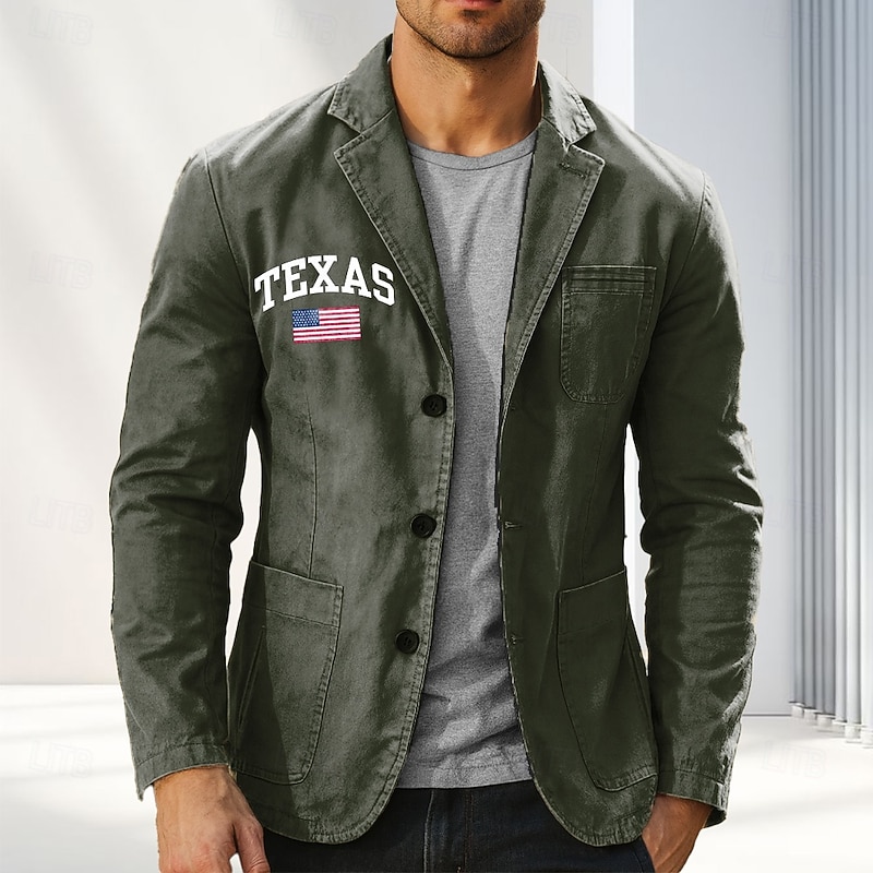 Men's Print Texas US Flag Blazer Cotton Suit Jacket Suits Coat Casual Outdoor Dailywear Multiple Pockets Three Button Stripe Lined Suit Jacket Fall Winter Notch lapel collar Long Sleeve Black khaki3