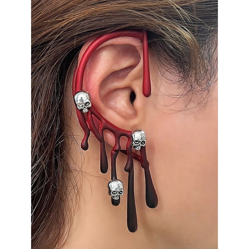 Women's Halloween Skull Drip Ear Cuff – Red and Black Blood Drip Design with Skull Accents – Unique Gothic Style for Halloween Parties and Costumes