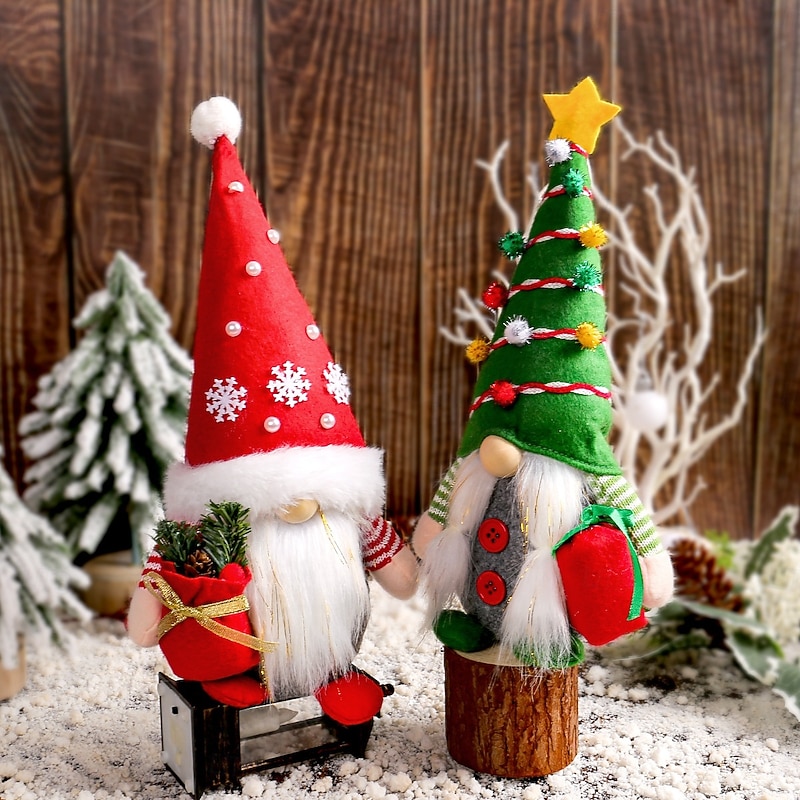 Christmas Plush Gnome Red and Green Gift Bag Pointed Hat Doll Standing Faceless Santa Figurine Creative Holiday Decoration Desktop Ornament Festive Christmas Home Accessory