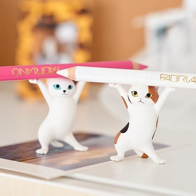 5pcs Cat Model Pen Holder, Cute Stretching Cat Figurine Pen Rest, Desk Ornament Stationery Holder, Creative Lifting Cat Desktop Decoration for Office or Study2
