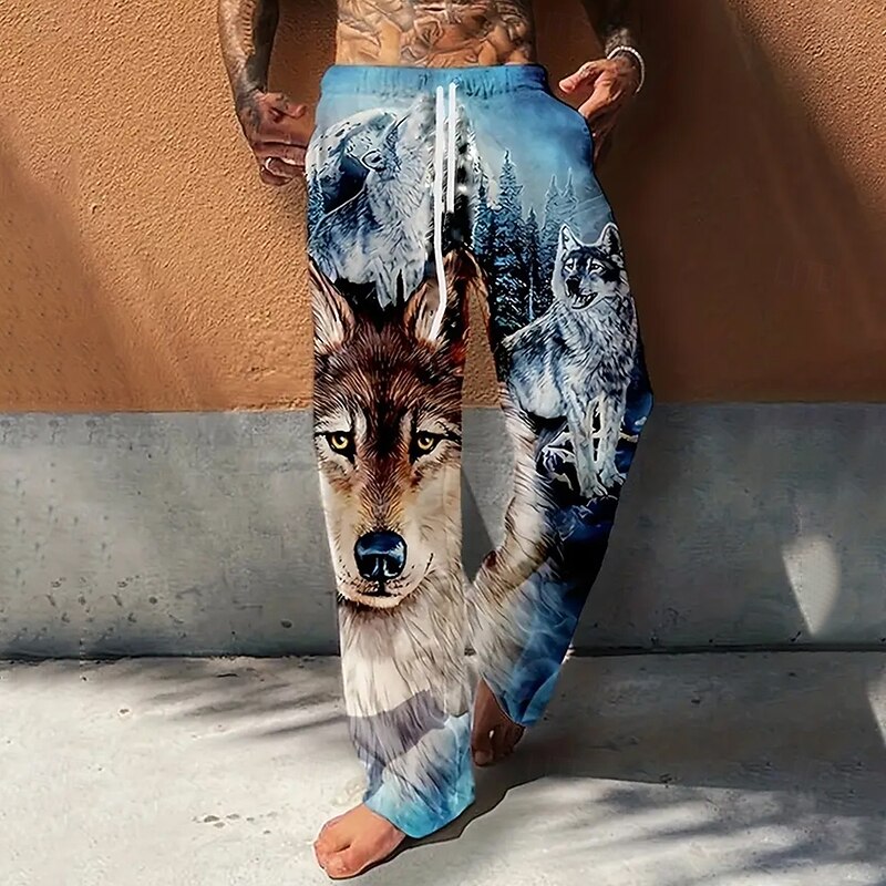 Men's Animal Wolf Trousers Baggy Pants Casual Pants Mid Waist Vintage Retro Outdoor Vacation Elastic Drawstring Waist Linen-Like Pants with Pockets Spring Fall 3D Print Blue Orange