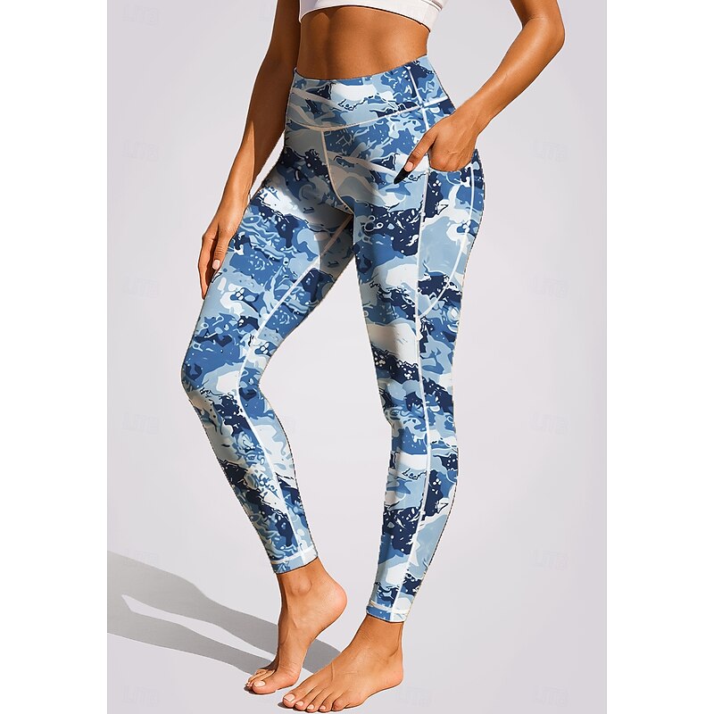 Women's pilates leggings fitness pants Gym Leggings Pockets Stamp Duty Side Pockets Pilates Gym Gym Workout Pants Tights Leggings Graphic Abstract Geometry Blue and White Sports Activewear Stretchy3