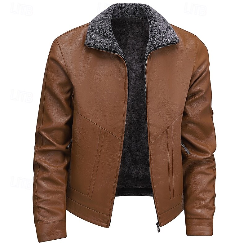 Men's Faux Leather Jacket Fleece Jacket Casual Jacket Outdoor Vacation Warm Zipper Pocket Fall Winter Plain Fashion Streetwear Standing Collar Regular Black Yellow Brown Jacket