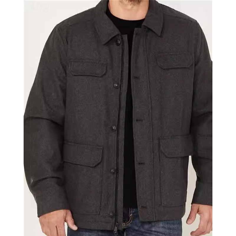 Men's Lightweight Jacket Cargo Jacket Casual Jacket Vacation Daily Warm Pocket Fall Winter Plain Fashion Classic Lapel Regular Black Brown Dark Gray Jacket2