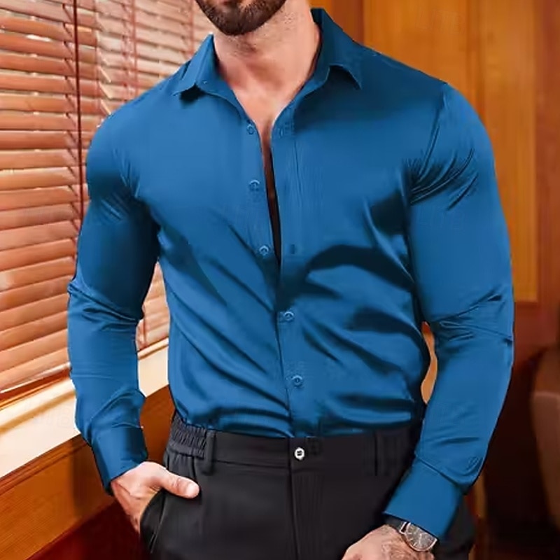 Men's Shirt Silk Like Satin Shirt Dress Shirt Button Up Shirt Plain Formal Wedding Light Blue Black White Wine Long Sleeve Lapel Spring &  Fall All Seasons Clothing Apparel