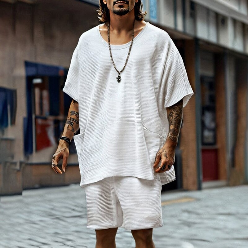 Men's T-shirt Suits 2 Pieces Outfits Tee & Shorts Short Sleeve Crew Neck Summer Plain Fashion Casual 2 Piece Vacation Daily Wear Going out Black White Top Tee for Men