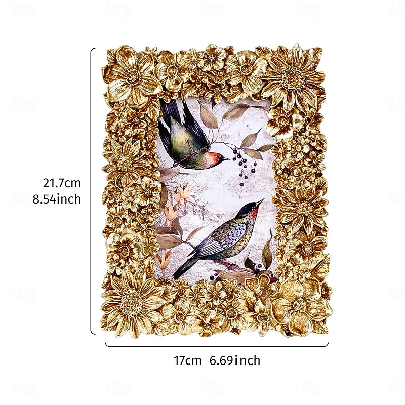 Gold Floral Embossed Resin Photo Frame – 3D Flower Design Tabletop Picture Frame, Horizontal & Vertical Display for Home Decor and Photography Props2